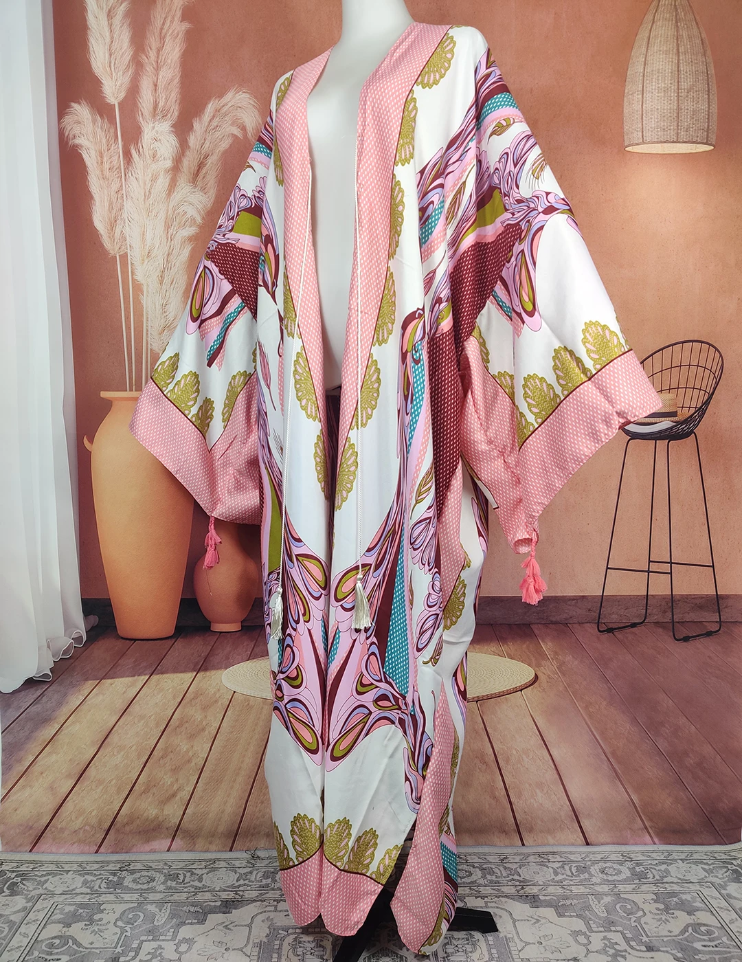 Bikini Cover Up Schöne Rosa Sommer Baumwolle Böhmischen Selbst Belted Vorne Offen Lange Kimono Kleid Casual African Langen Duster Mantel