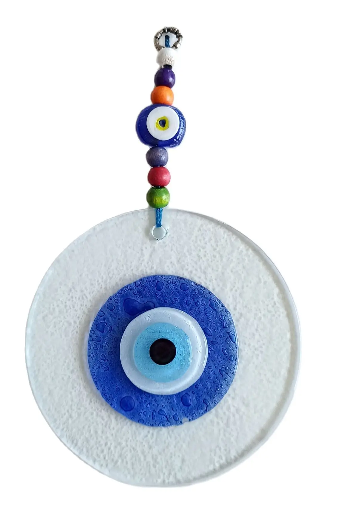 Blue Evil Eye Bead, Handmade, Clear Glass Wall Ornament