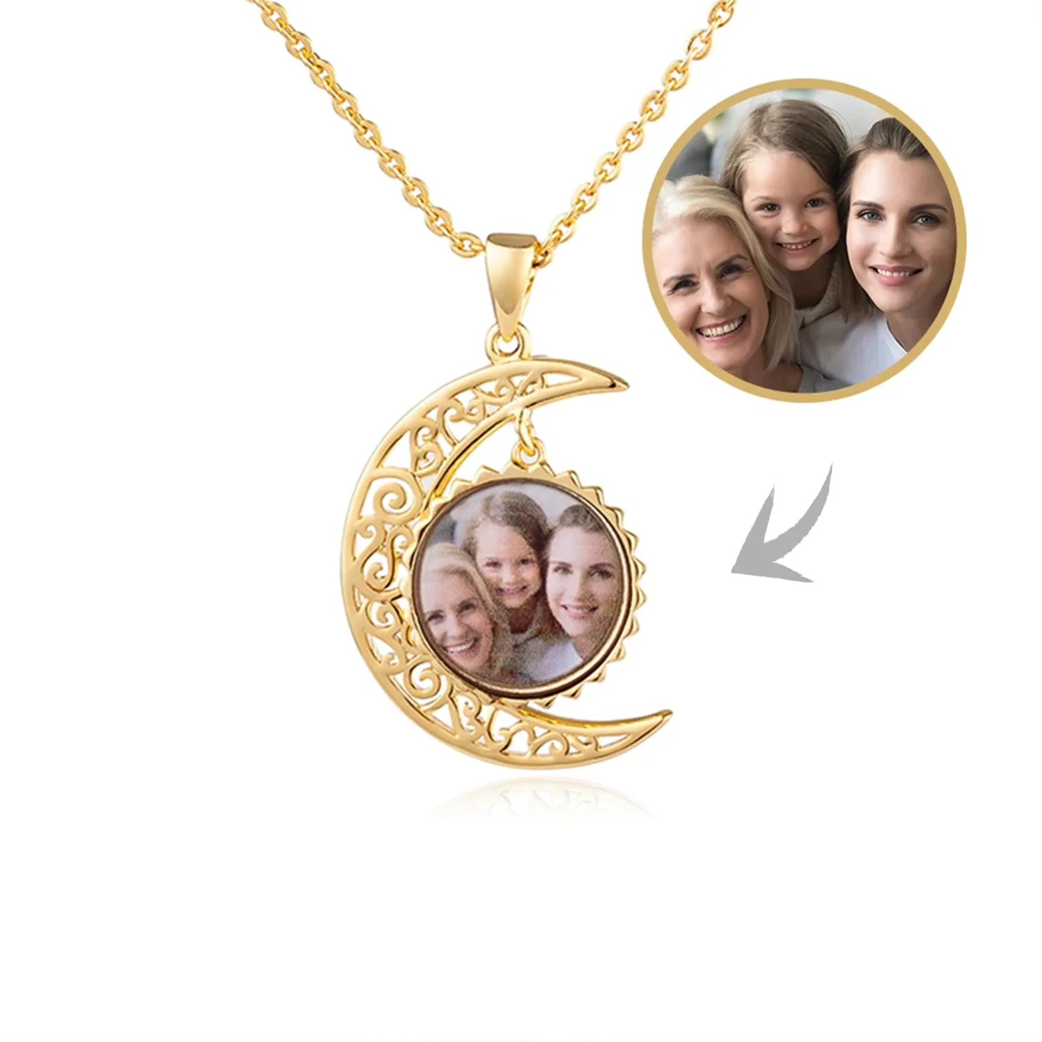 Collar con foto personalizada estilo luna, colgante chapado en oro de 18k personalizado, placa con nombre, joyería de acero inoxidable, regalo para el día de la madre