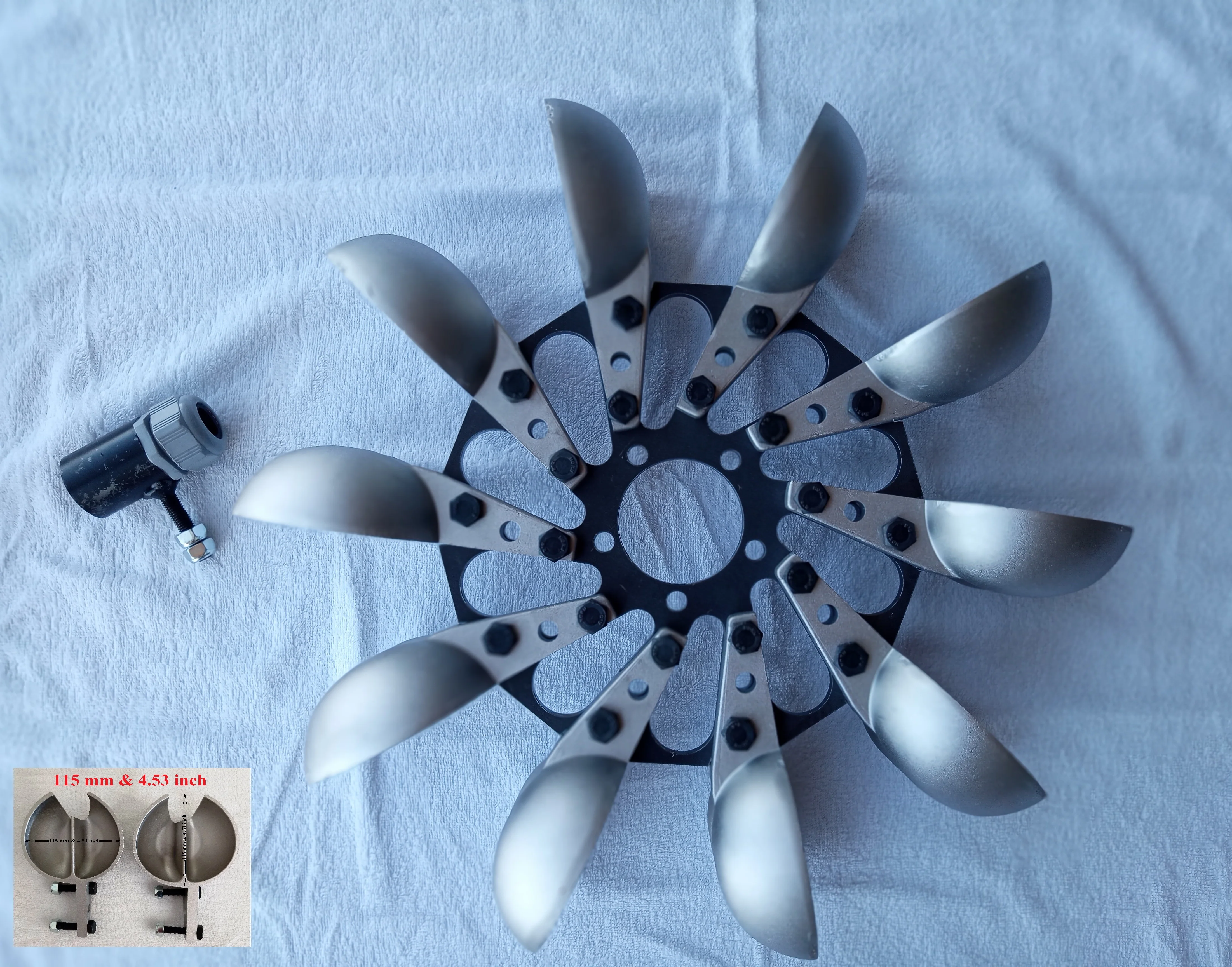 Pelton turbine wheel with 10 aluminum spoon, nozzle, 490 mm 19.29 inch