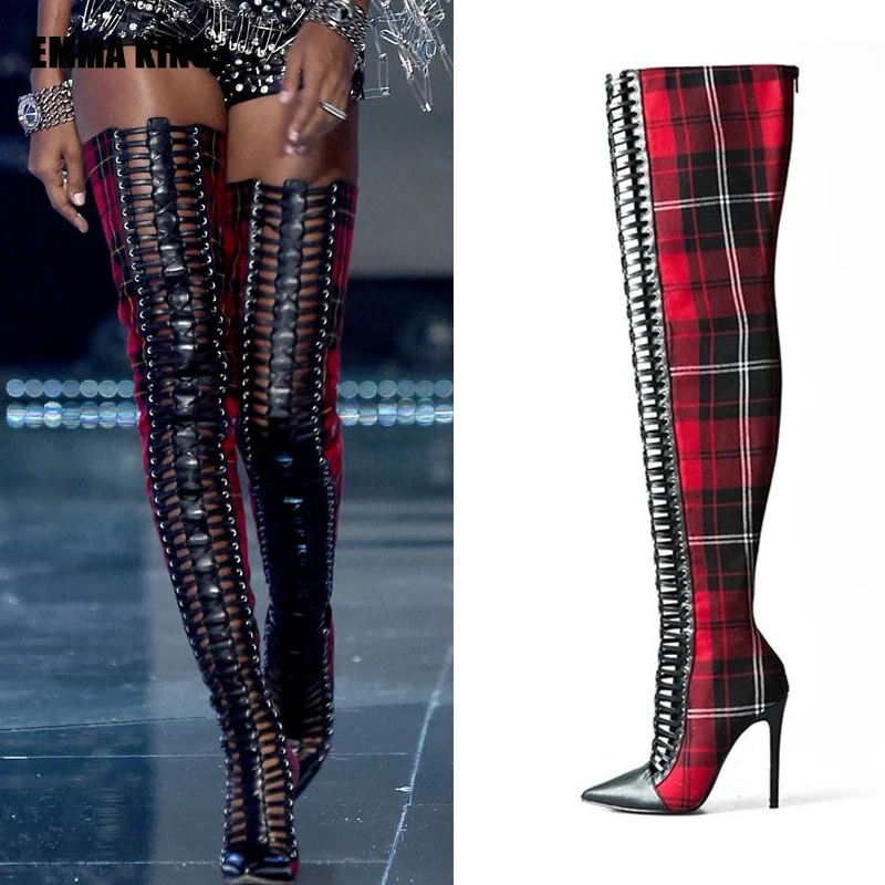 

Women Full Over The Knee Boots Mujer Cross Strap High Heels Boots Red Plaid Long Boots Sexy Hollow Out Boots For Women 2020