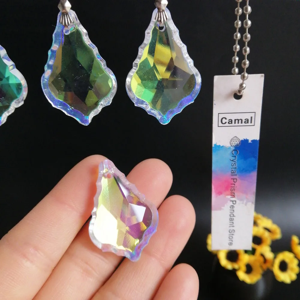 

Camal 5pcs 38mm AB Color SunCatcher Crystal Faceted Maple Leaf Chandelier Pendant Prism Hanging Ornament Fengshui Lamp Parts