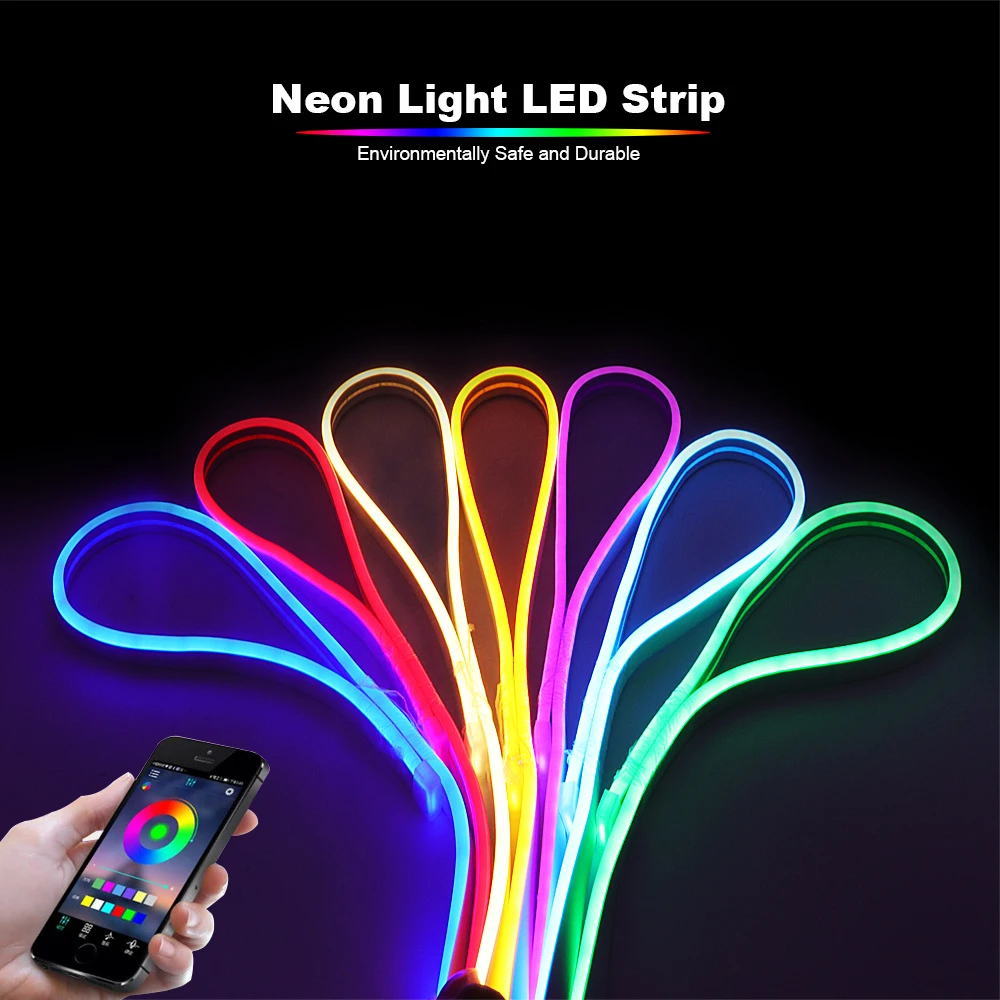 12V RGB LED Neon Strip Waterpoof Flexible Silicone Light Tape Dimmable Decor With Bluetooth-compatible Remote Control Power Kit