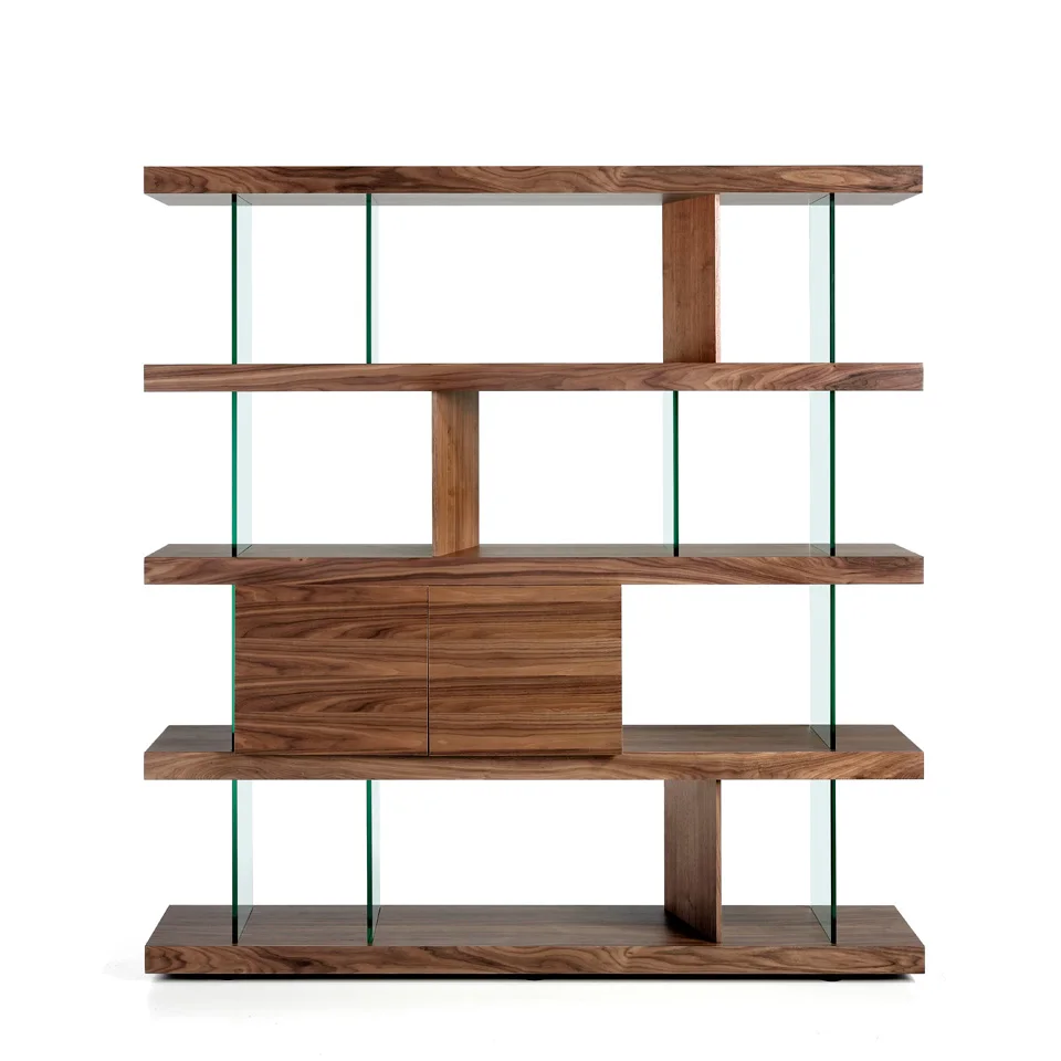 3072 Angel Cerdá shelf-walnut-plated wooden shelf with drawers with push system and soft-closing, and tempered glass.