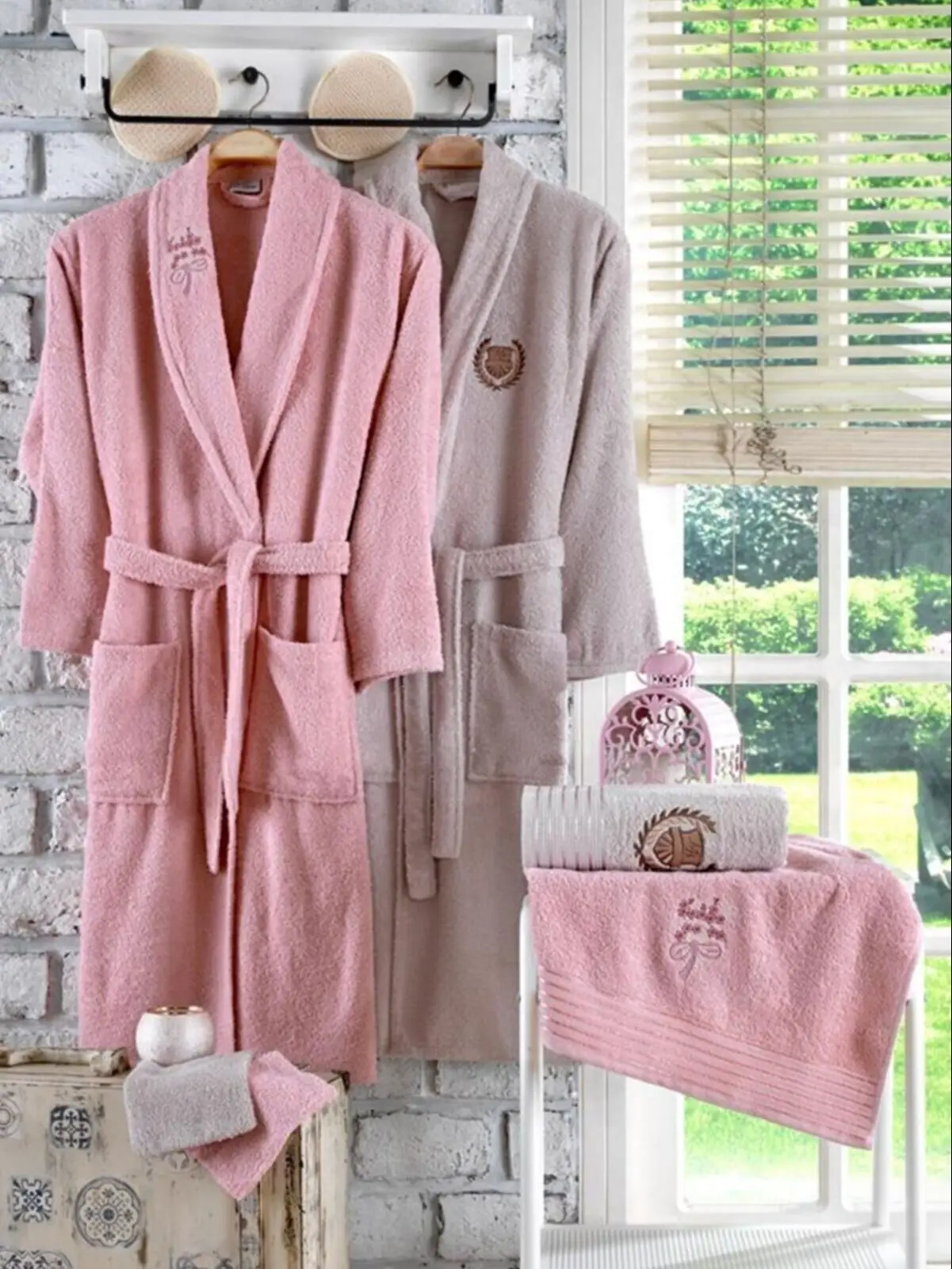 10 Piece Embroidered Family Bathrobe Set  100% Cotton Man Woman Bathrobe, Towels,  Adult Hotel Kimono Pajamas Robe Soft