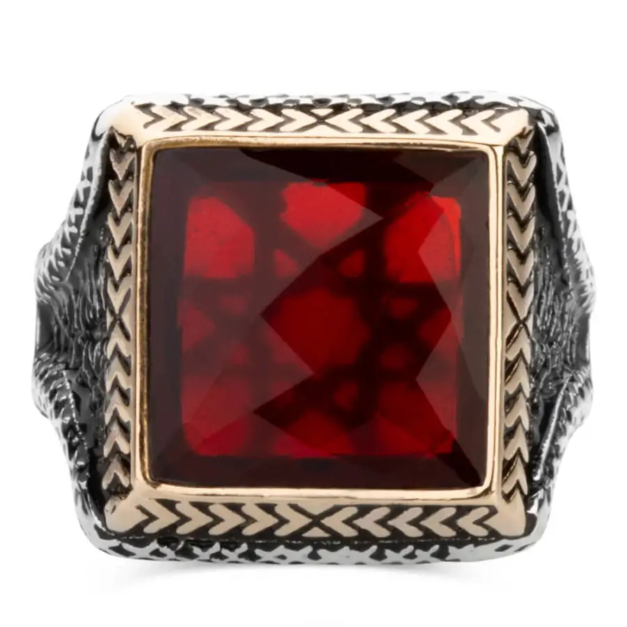 Square Design Sterling Silver Mens Ring with Red Zircon Stonework Fashion Turkish Premium Quality Handmade Jawelery