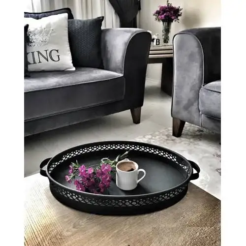 DOLBOVI Black Wrought Iron Lux Tray Black Presentation Tea Tray Black glass saucer tray set  tray serving  tray tea set tea tray tea table trays decorative  food tray gold tray trays mirror tray plateau glass tray serv