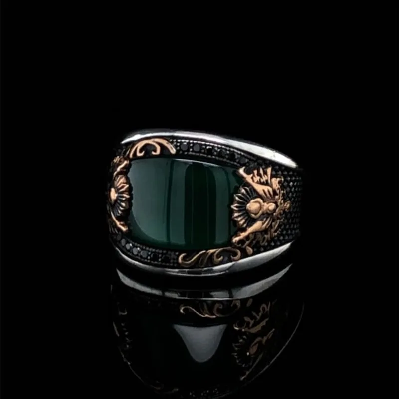 925K Green Agate Side Black Zircon Stone Handmade Masterwork Ring Authentic Sterling Silver Antique Turkish Master Hand Ring Men