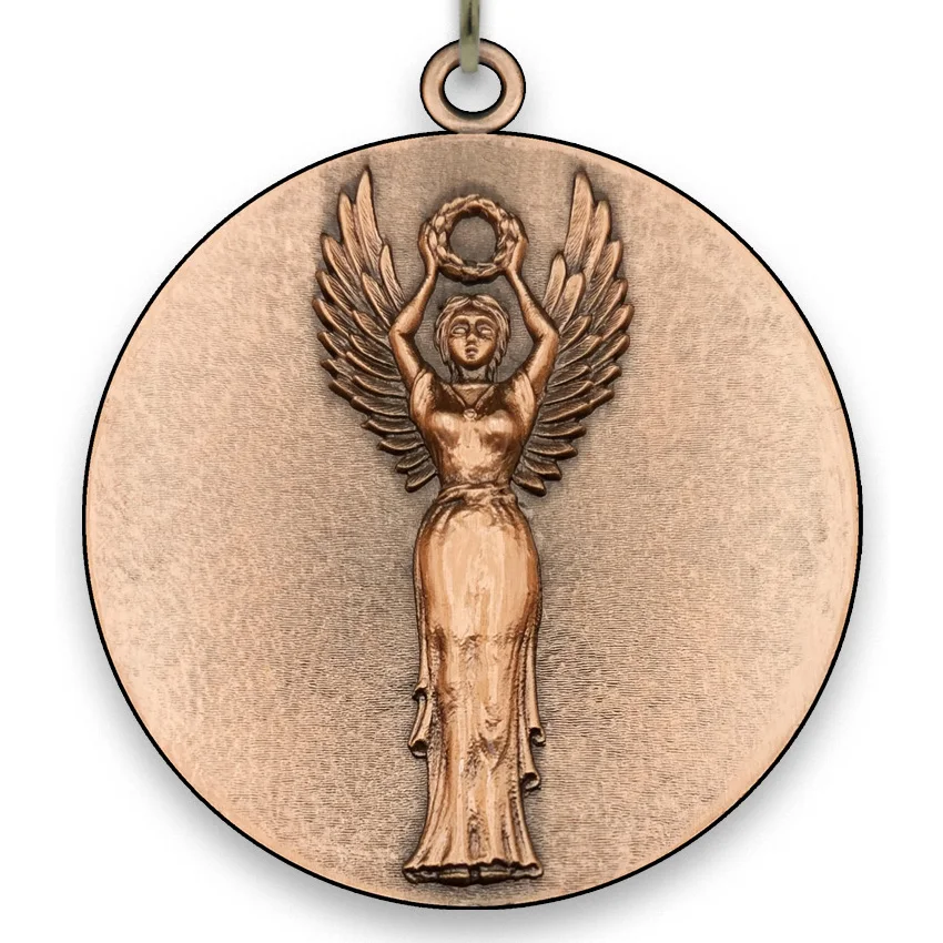 Large Metal - Victory  Medal - Female - Bronze - 6,4 cm - with Neck Ribbon size 2,2cm x 80 cm,  Choice of Ribbon Colours.