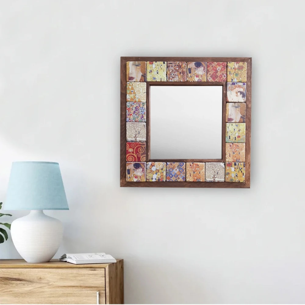 Handmade Wall Mirror Decorative Natural Stone Wooden Framed Art Decor Vintage Mosaic Printed Tile Square Gift Hang 33cmx33cm