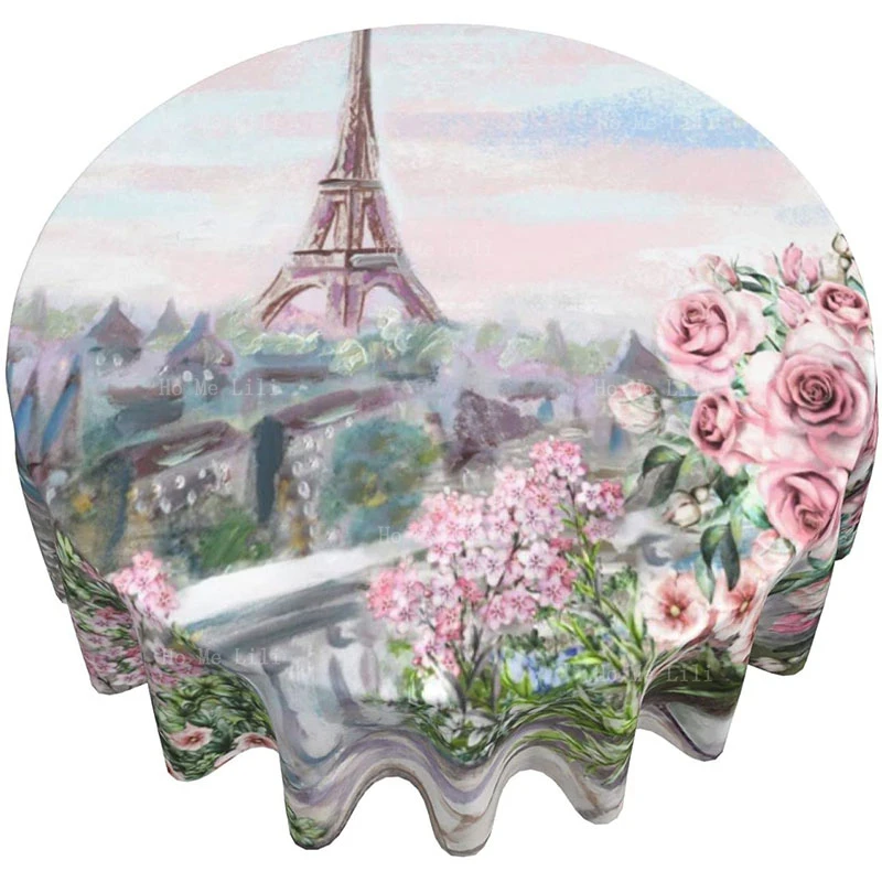 

Paris Eiffel Tower And Roses Waterproof Wrinkle Free Round Tablecloth For Kitchen Dining Room Picnic Party Table Top Decor