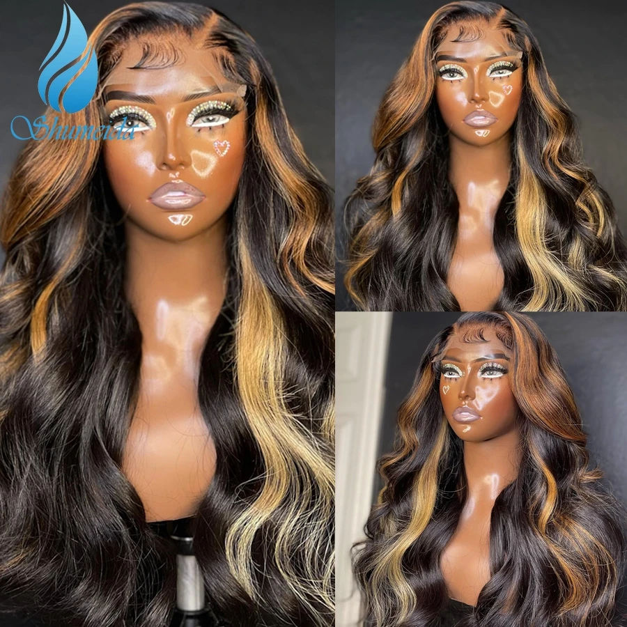 Shumeida Highlight Brown Color 13*6 Lace Front Wigs Blonde Pre Plucked Hairline Peruvian Remy Human Hair Glueless Wig for Women