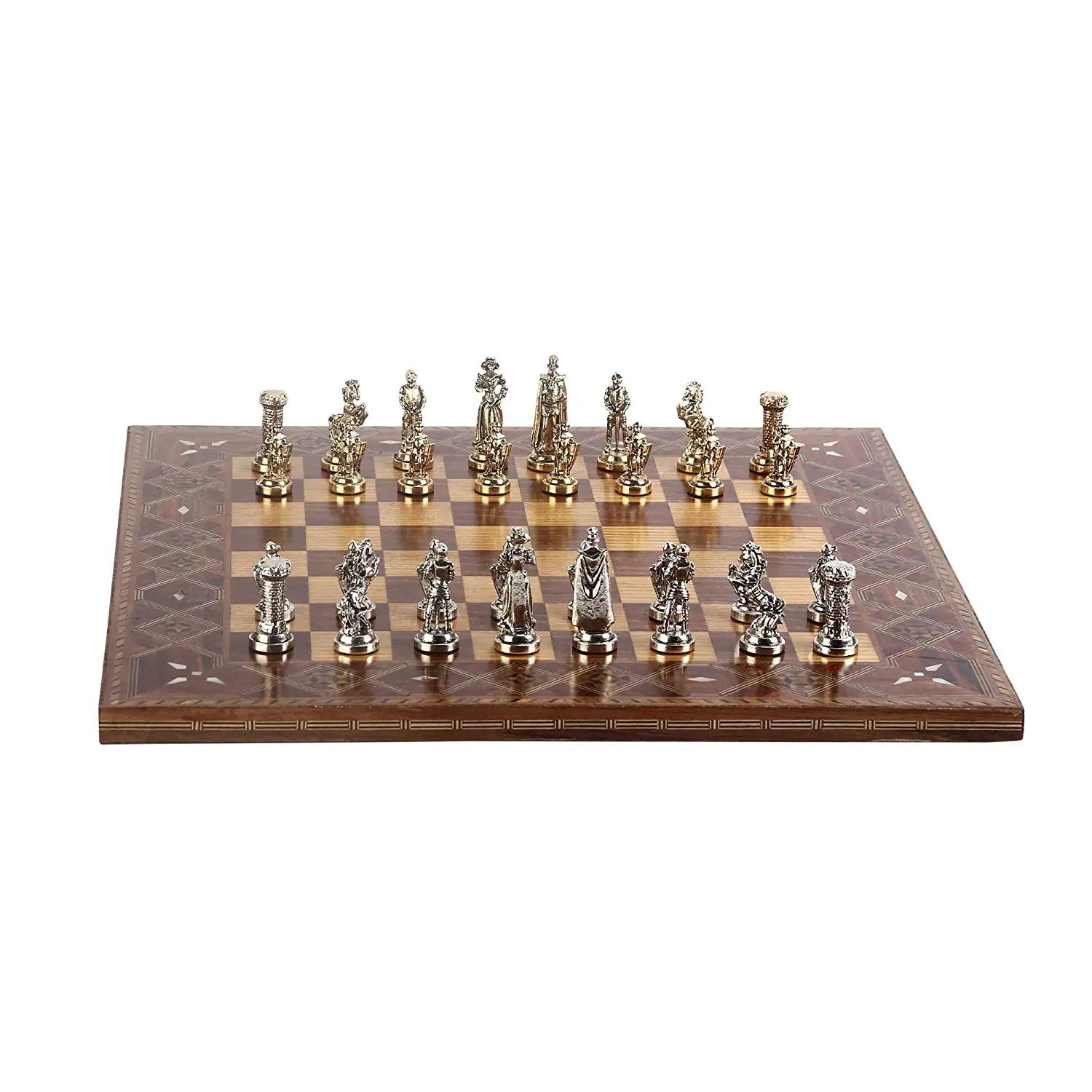 Medieval British Army Metal Chess Set,Handmade Pieces,Natural Solid Wooden Chess Board,Original Pearl on Board King 7 cm