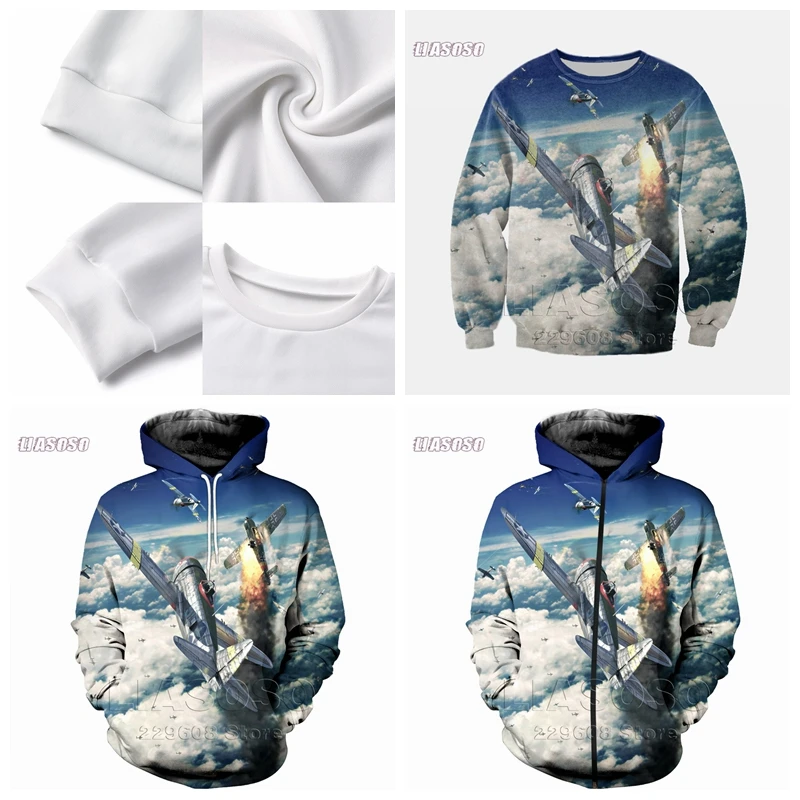 

LIASOSO New Fashion All Over Printed Airplane, jet Sweatshirt Men Women Zip Hoodie Crewneck Pullover Streetwear