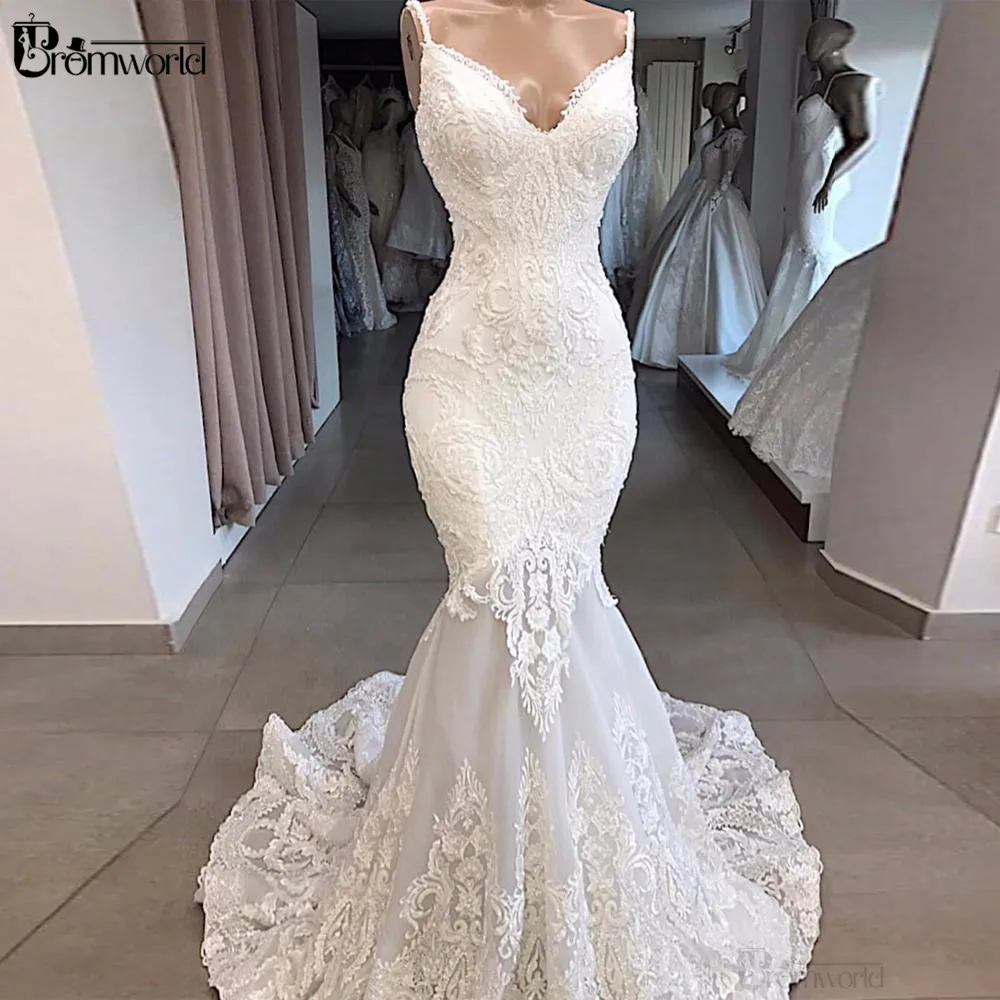 Abiti da sposa a sirena bianchi 2021 abiti da sposa abiti da sposa in pizzo con scollo a cuore Sexy senza schienale abiti da sposa con applicazioni di perline