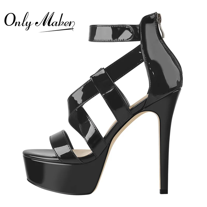 

Onlymaker Women's Sandals Thin High Heels Shoes Women Hook And Loop Patent Leather Cross Strap Female Shoes Zipper Summer 2021