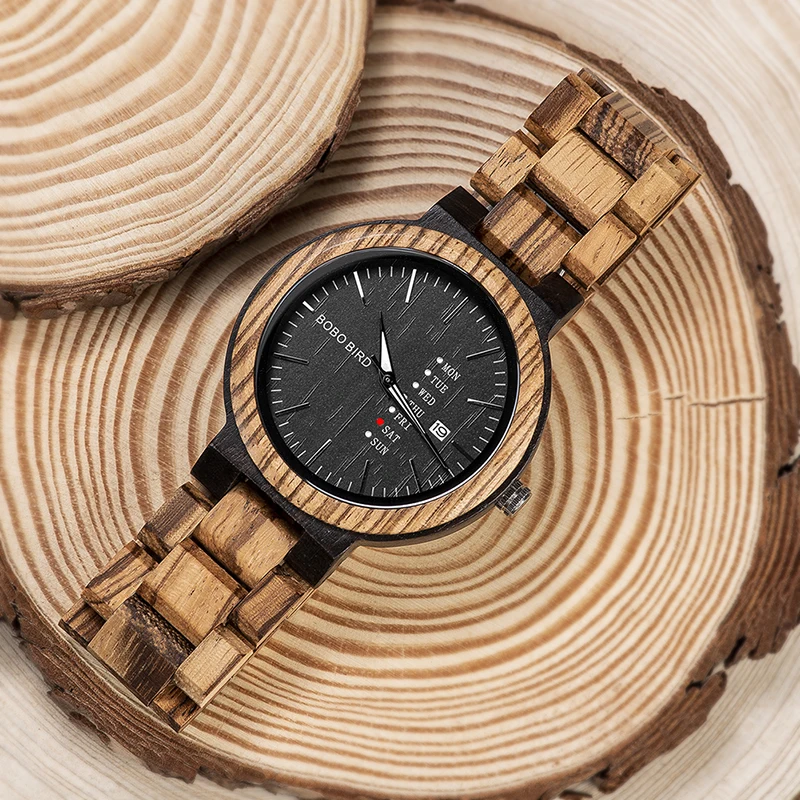 BOBO BIRD-reloj analógico de madera para hombre, accesorio de pulsera de cuarzo resistente al agua con calendario semanal, complemento masculino de