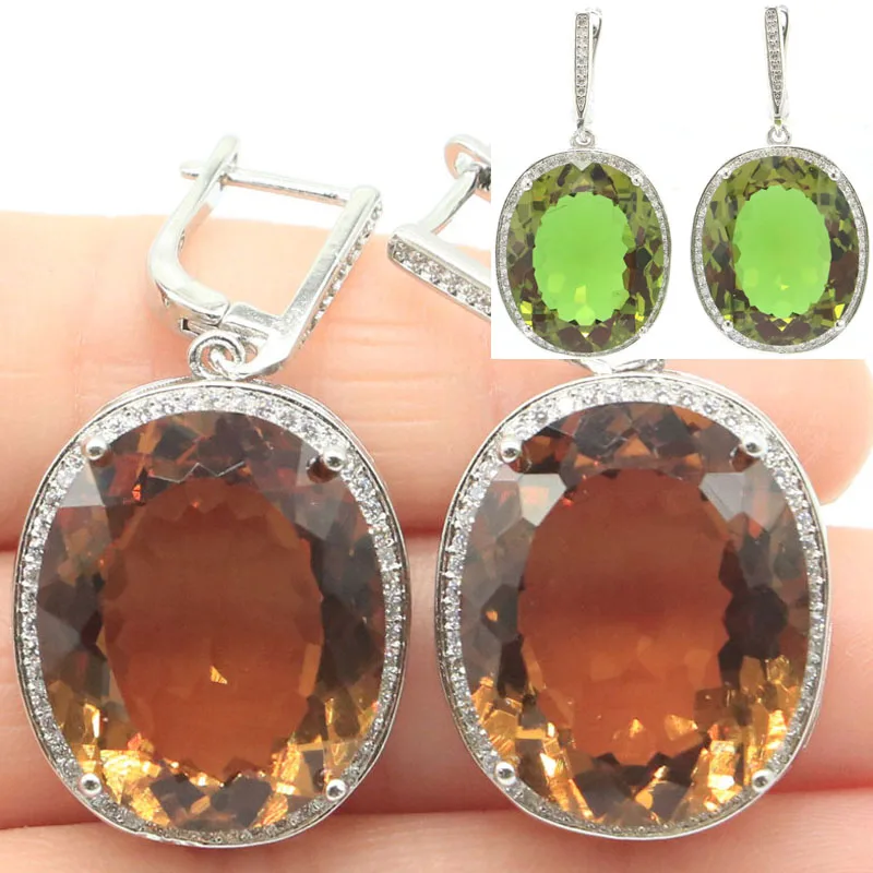 40x21mm Big Oval Jewelry Set 17.5g Color Changing Zultlanile Alexandrite Topaz Silver Earrings Pendant Eye Catching