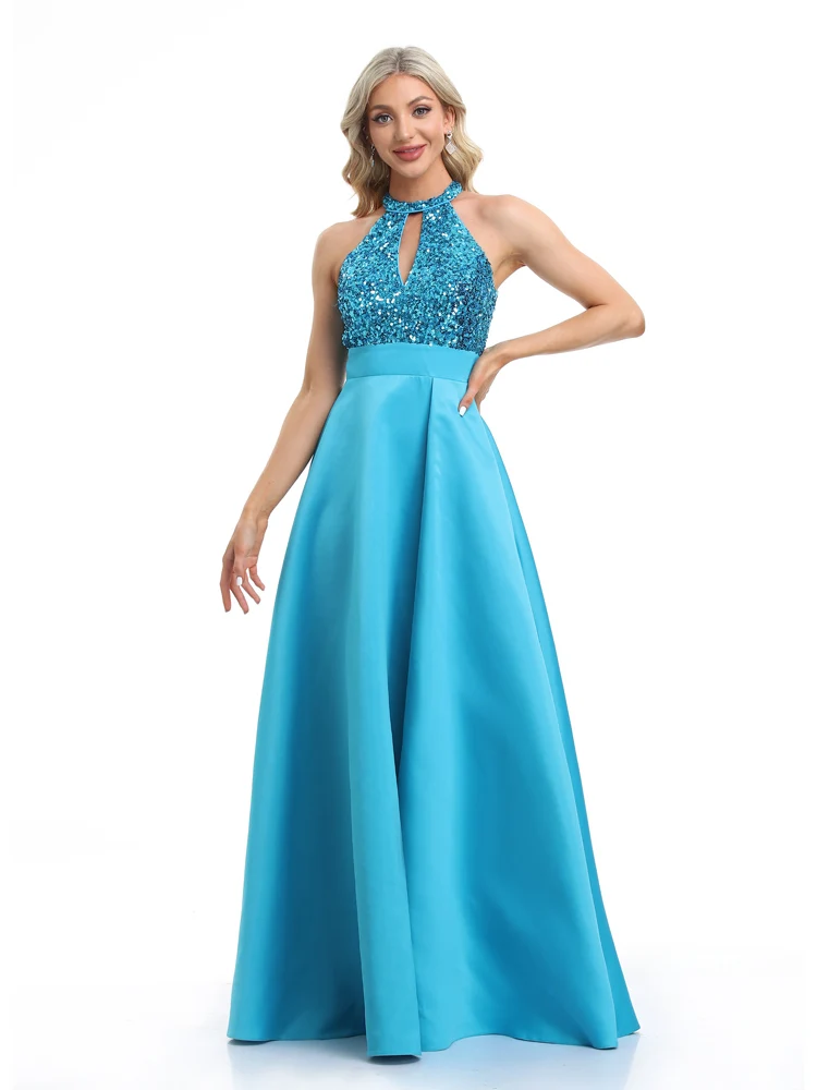 فساتين سهرة أنيقة برقبة دائرية بالترتر الأزرق طويلة فاخرة للنساء من التل بدون أكمام لحفلات الزفاف وحفلات الكوكتيل #3