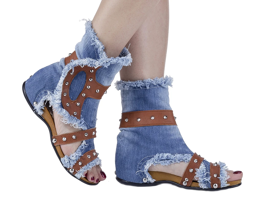 Jeans Sandals Shoes  Handmade Blue Embroidered Denim Sandals Women's Shoes Birthday Gif /Sports Jeans Sandals / 550-T