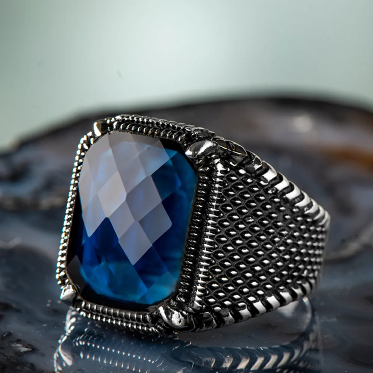 

925 Sterling Silver Rectangular Blue Zircon Men's Ring Exclusive Ring for Men Zirconia Ring Special Access Made in Turkey