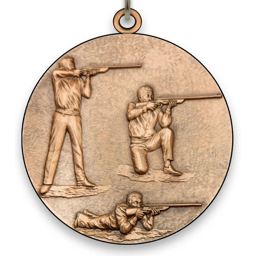 Large Metal Rifle Shooting Bronze Medal - 6,4 cm - with Neck Ribbon size 2,2cm x 80 cm - Choice of Ribbon Colours.