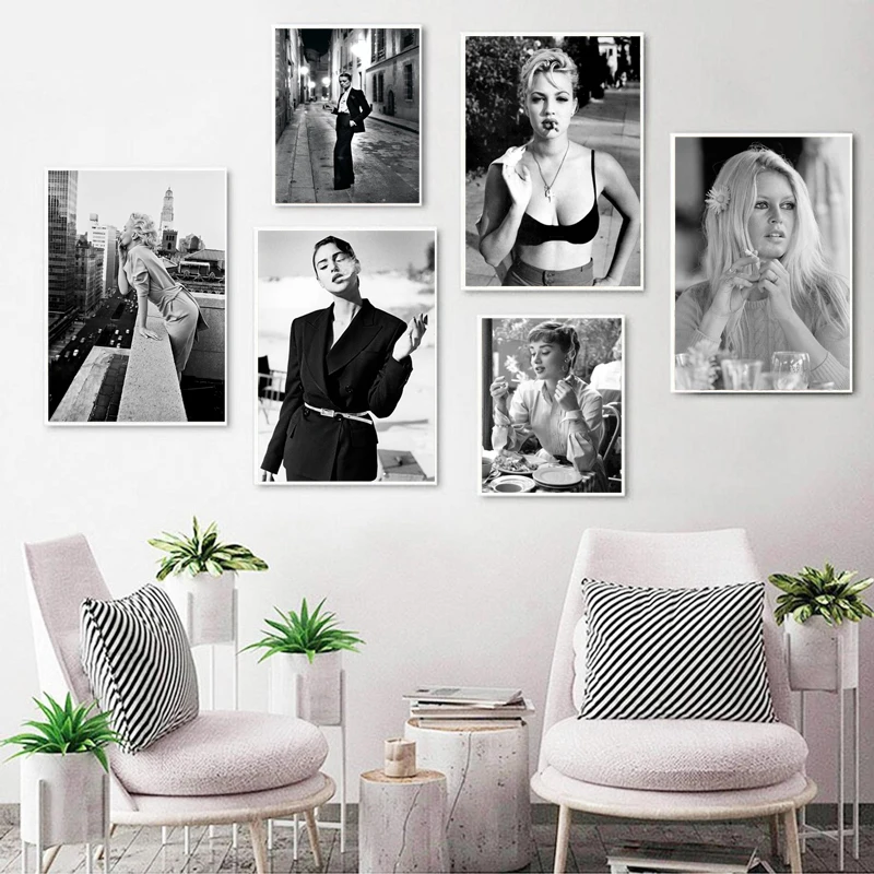 Black and White Actress Photo Poster Fashion Supermodel Prints Woman Smoking Pictures Home Decor Wall Art Canvas Painting