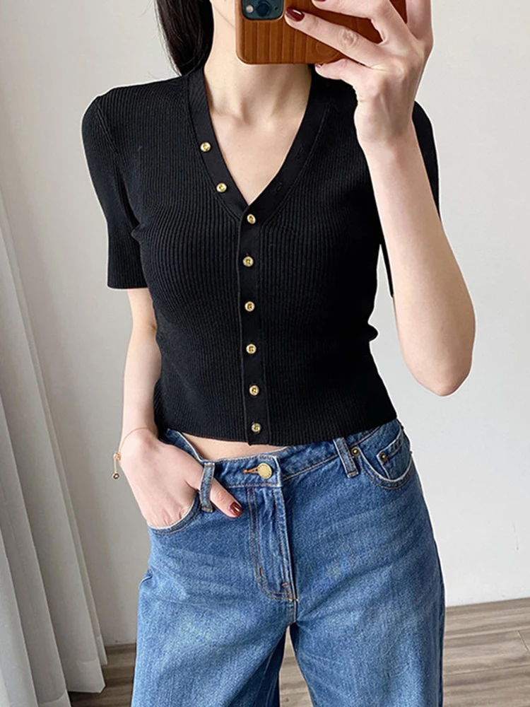 Single Breasted V Neck Short Knitwear With Button Women Retro Summer Short Sleeve Knit Cardigan Thin Crop Top  B-037