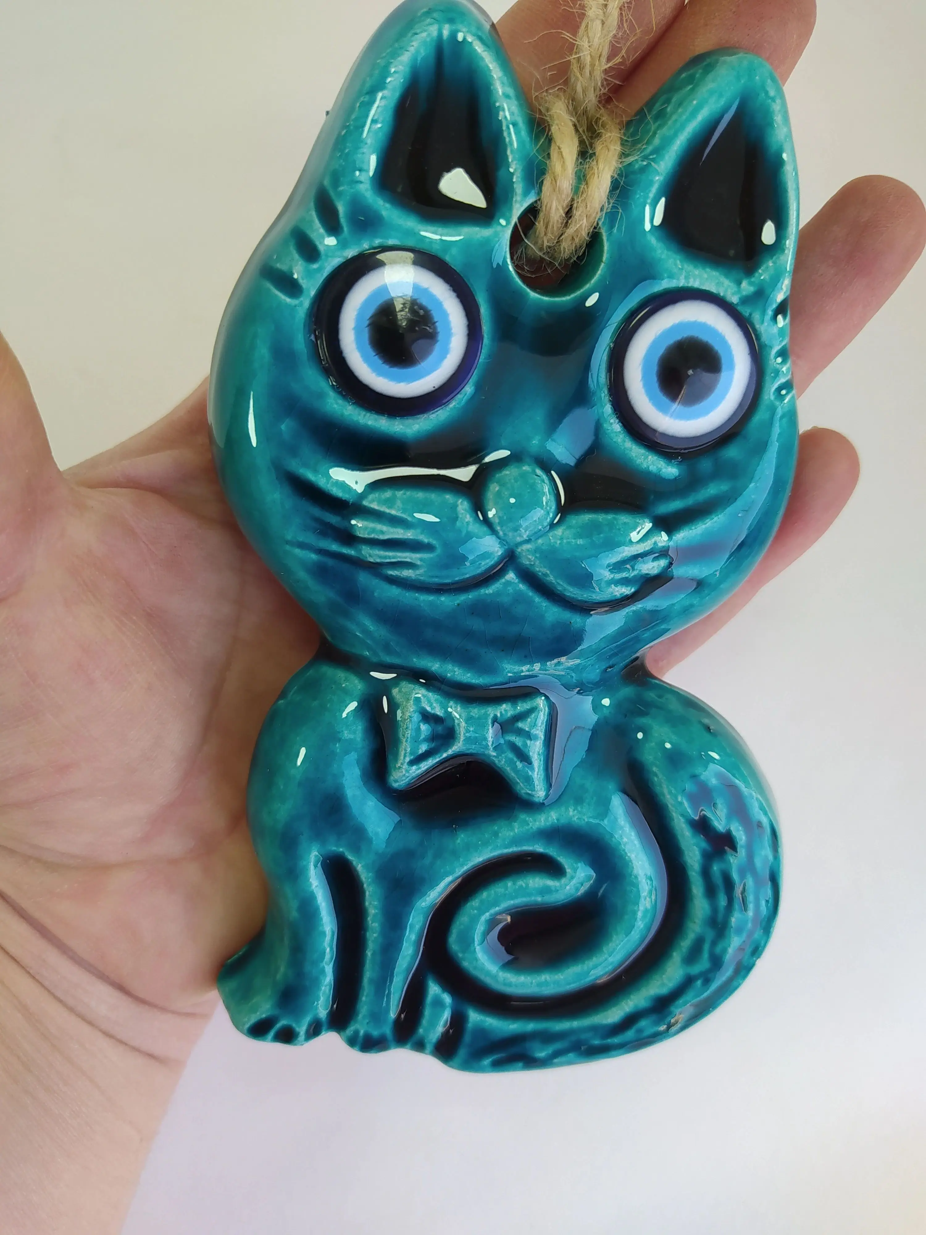 Ceramic Cat Evil Eye Pendant Turkish Nazar Handmade Amulet for Wall Hanging Talisman Boho Home Decor Protector