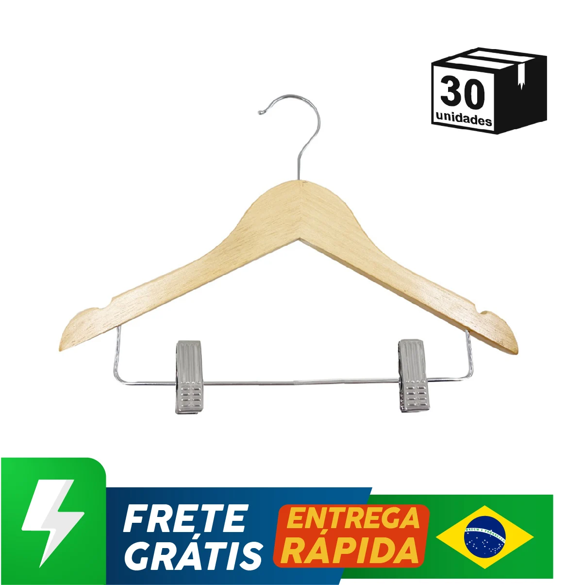 30 Cabides Madeira Envernizada Infantil Com Clipes and Gancho Cromado 360 ° Rotativo Para Saias Vestidos Calças Guarda Roupa Closet