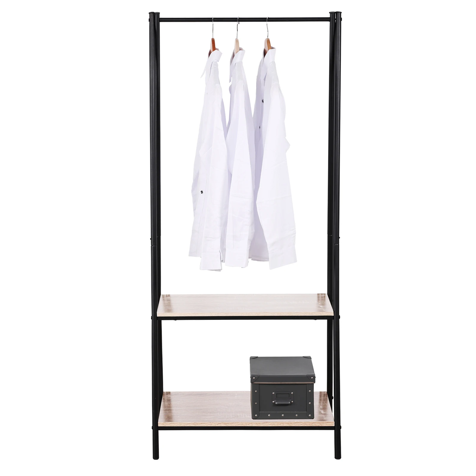 Hanging Clothing Storage Shelves Heavy Duty Clothes Rail Metal Coat Rack Stand with 2 Tiers Wooden Shoe Rack Bedroom