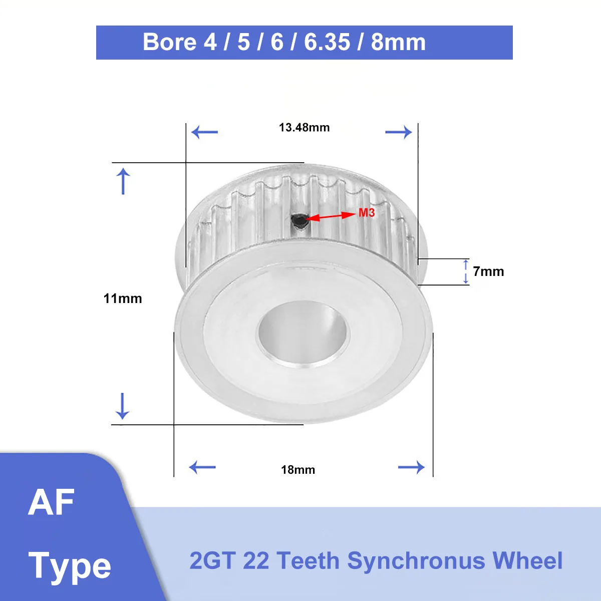 

1Pc 2GT 22 Teeth AF Type Synchronus Wheel Idler Pulley Bore 4/5/6/6.35/8mm Width 7mm Aluminium Timing Pulley for GT2 Timing Belt