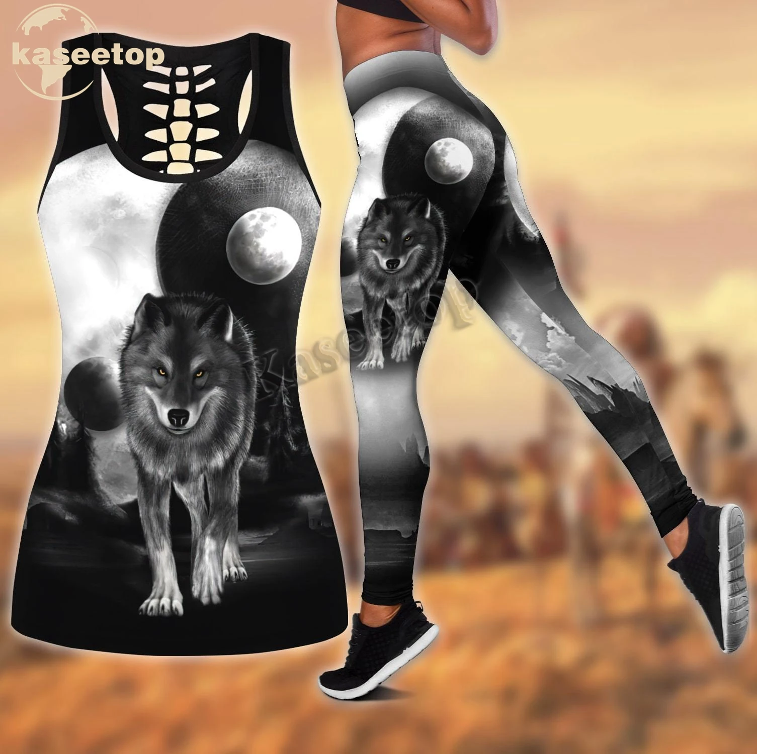 Harajuku Wolf Full Moon 3D Print Women Two Piece Yoga Set Vest Hollow Combo Tank Top Legging Waist Sport Fitness Quick Dry LK263