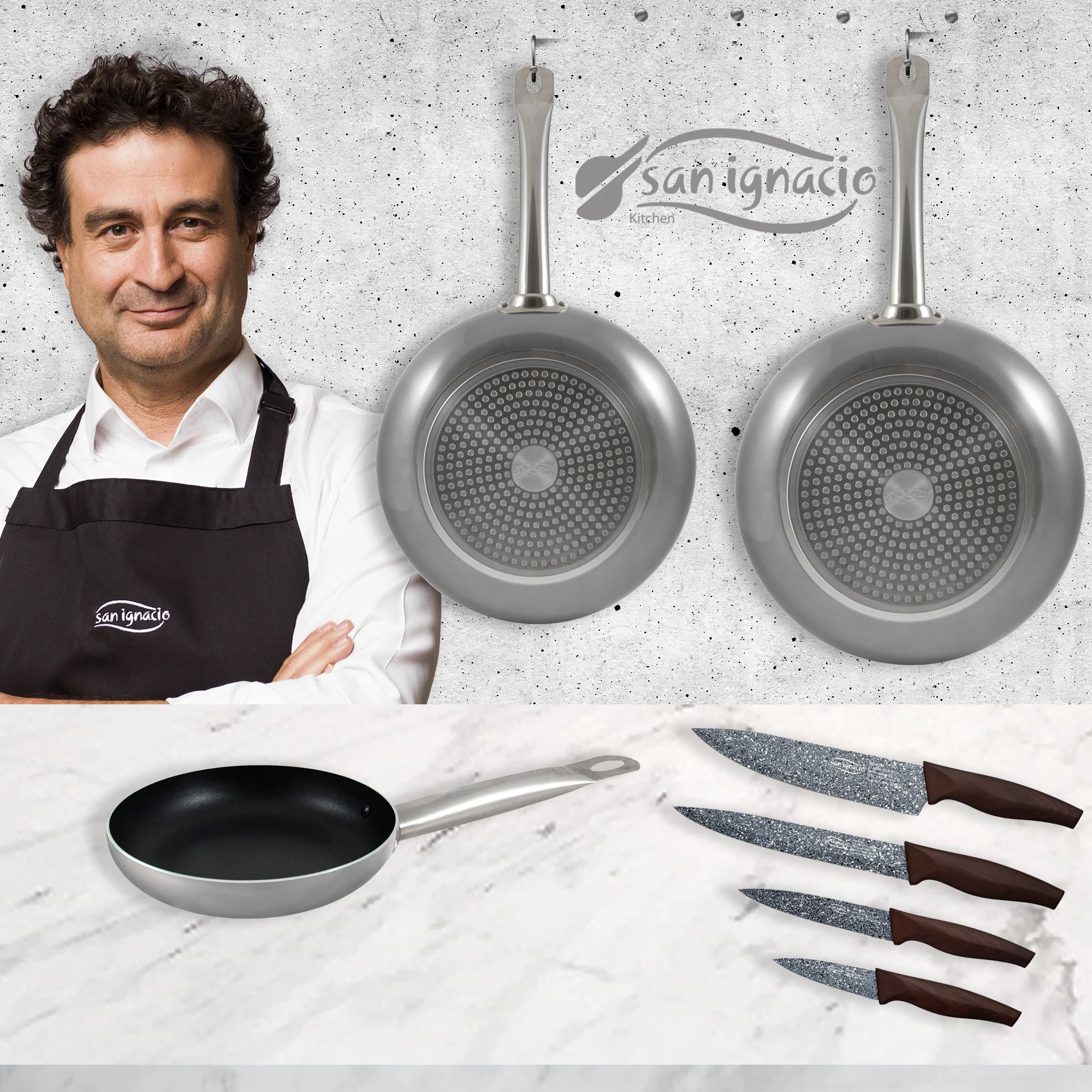 Pans (18,20,24cm) in aluminum pressed with 4 kitchen knives SAN IGNACIO collection Professional Chef Platinum