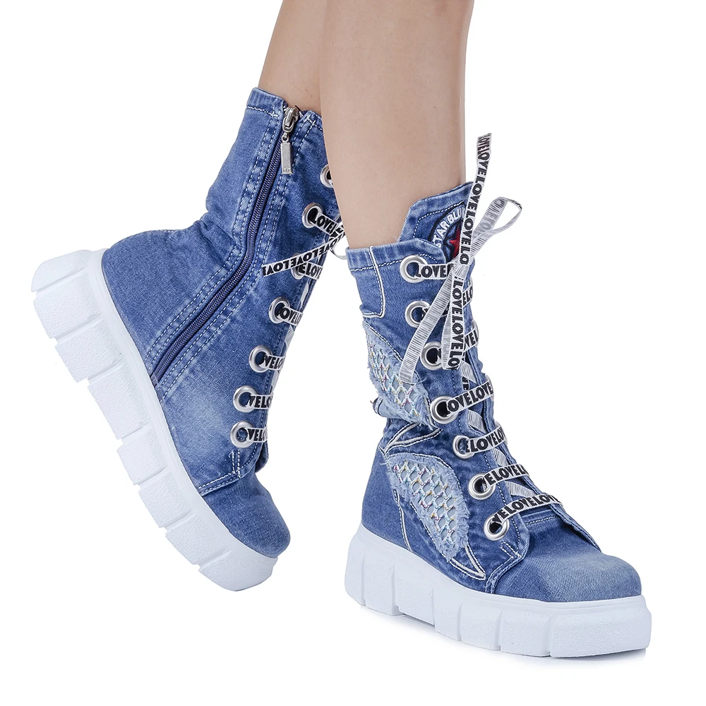 Denim Shoes Handmade Super Star Blue Denim Boots Women's Sneakers Birthday gift for the love /women's shoes, denim shoes,  H134