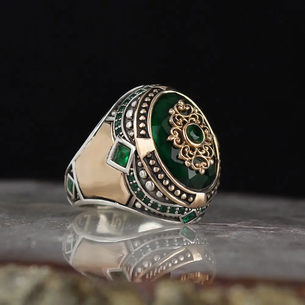 Green Zircon 925 Sterling Mens Silver Ring