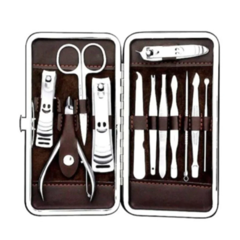 Manicure Pedicure Set 12 Pieces Professional Steel Stainless Home Hotel Hairdresser Barber Nail Clippers Tweezers Mirror Personal Care Cleaning Men Women Fashion Beauty Salon Makeup High Quality Giftable Birthday