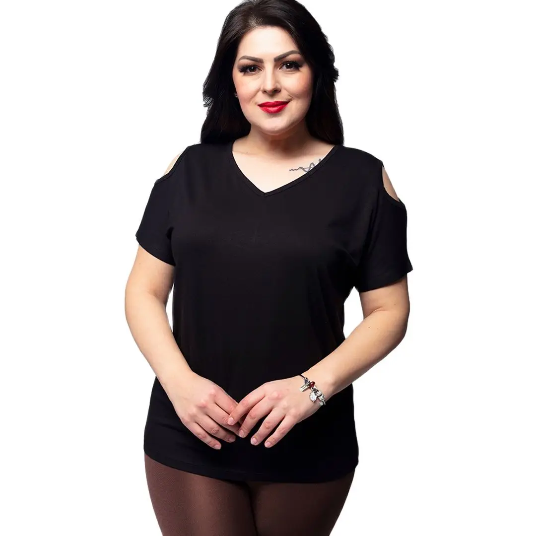 Vrouwen Plus Size V-hals Off Shoulder Tee Basic Zwart T-shirt, Ontworpen En Gemaakt In Turkije, Nieuwe Collectie