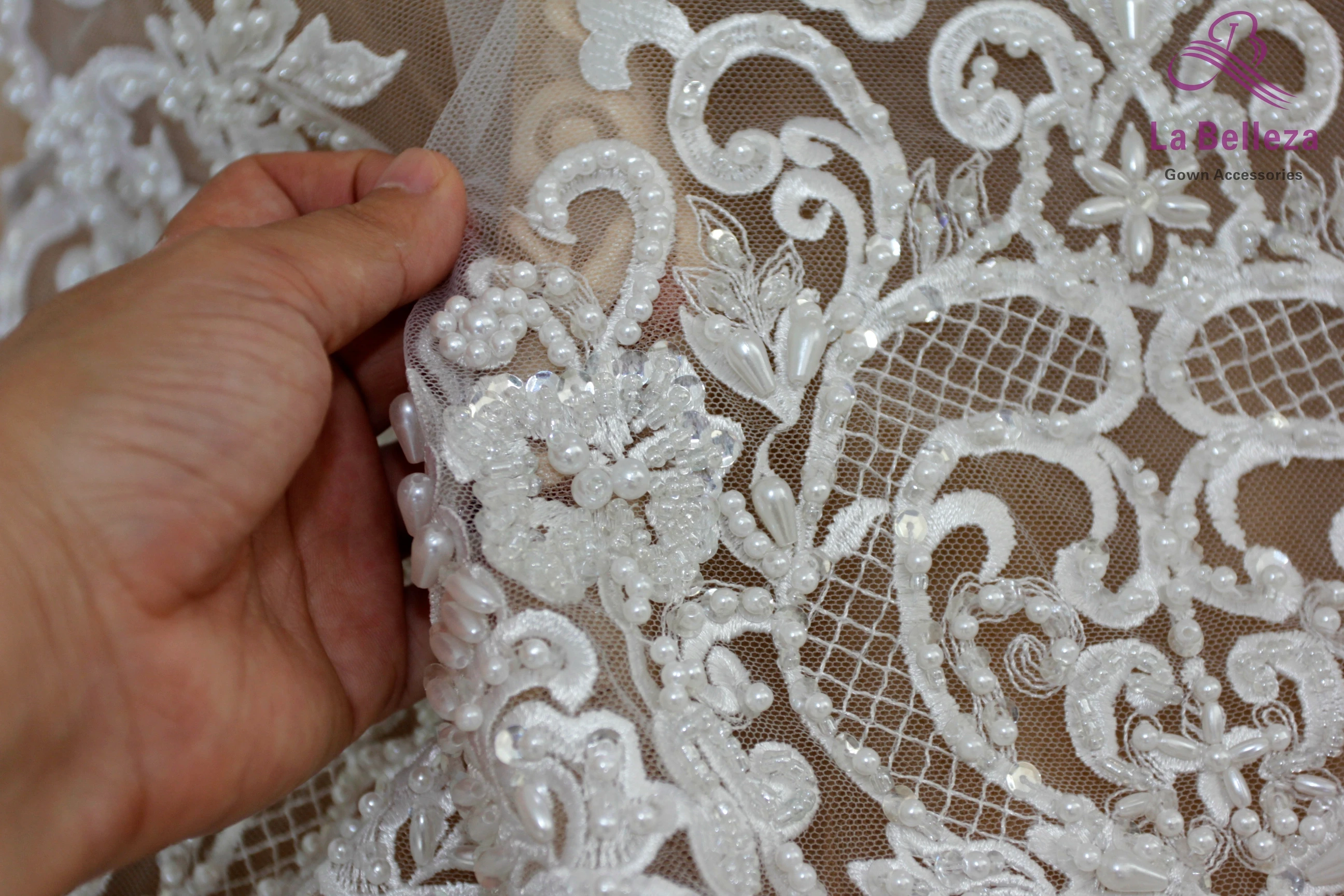 La Belleza new 75cm width Pure white Bilateral Beaded sequins lace trim gorgeous lace trim for bridal accessories 1 yard