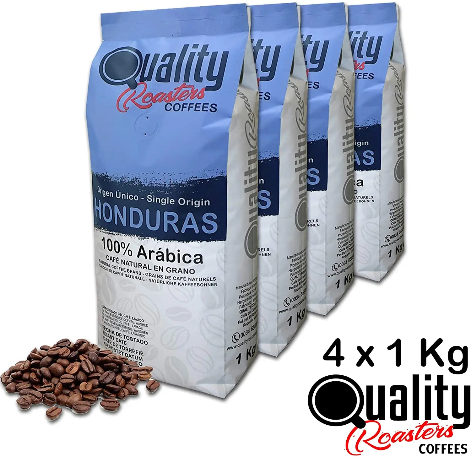 Quality Roasters Coffees. Café en grano natural. 100% Arábica. Origen único Honduras. Pack de 4 Kg. Tostado artesanal. Tueste Medio. 4 x 1 Kg