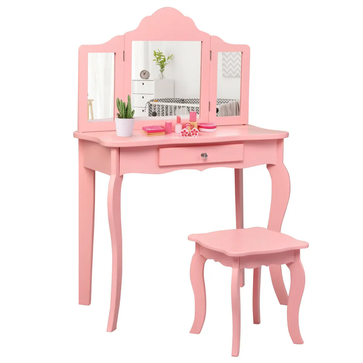 Kids Vanity Table & Stool Princess Dressing Make Up Play Set for Girls Pink  HW65929PI