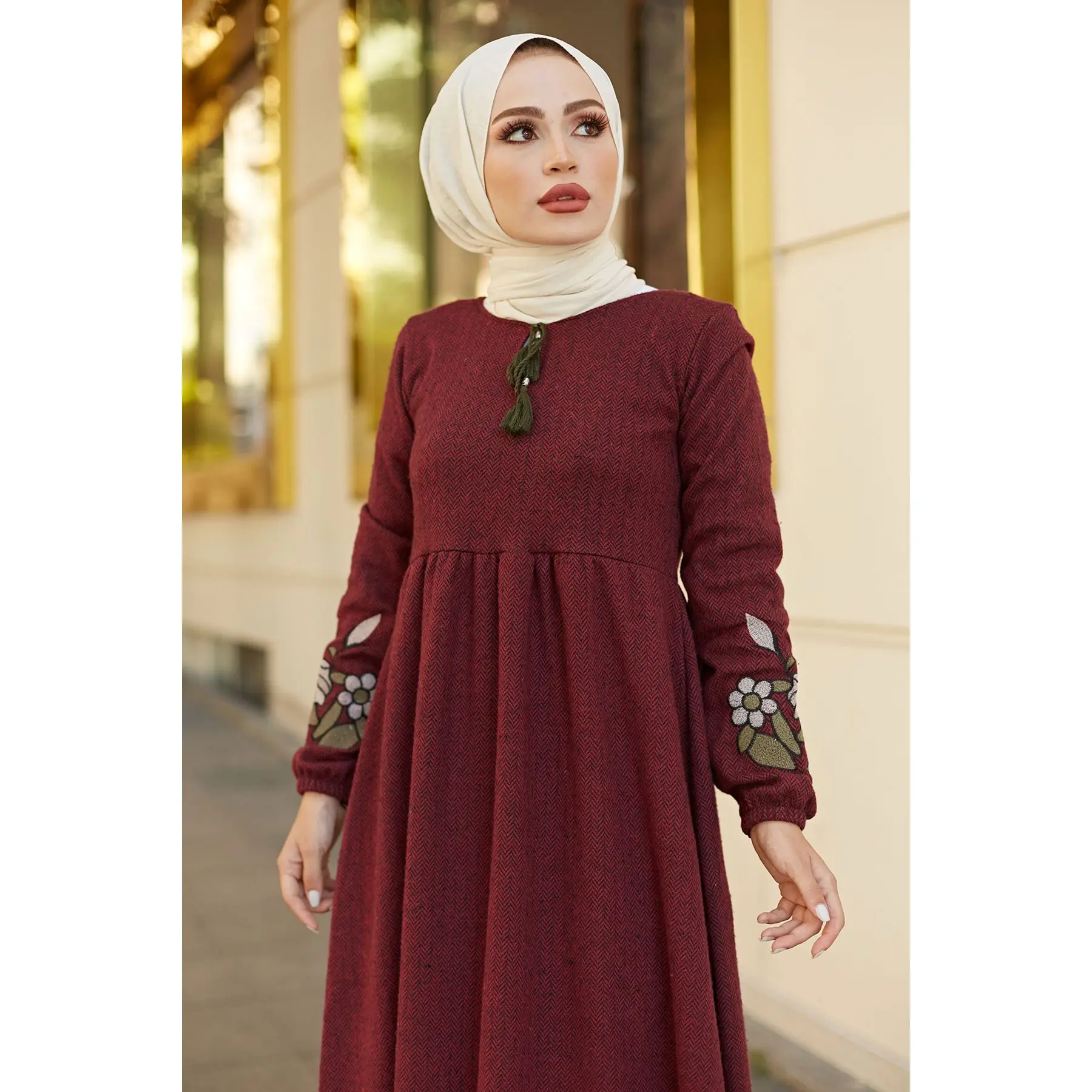 Big Size Maxi Women\'s Dress Herringbone Fabric Collar Detailed Long Flower Pattern Sleeved Dress Turkey Muslim Fashion Abaya