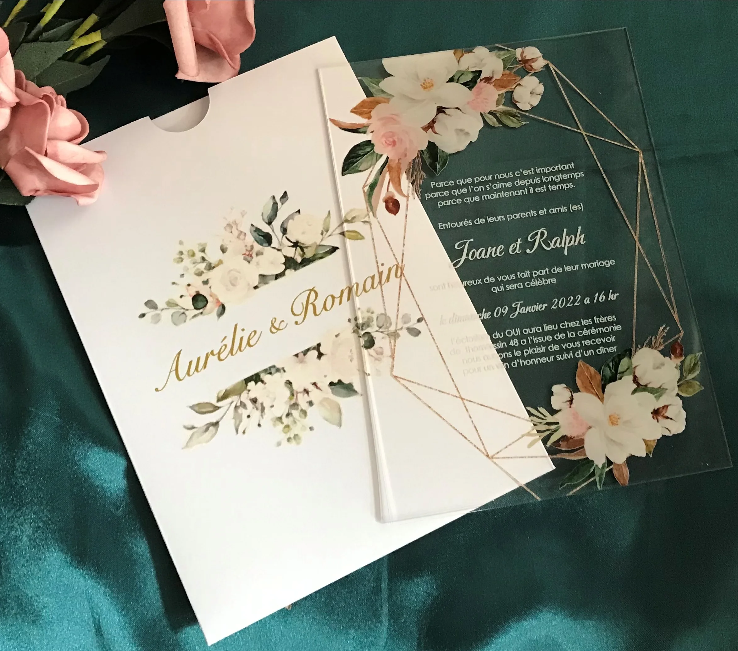 

Custom Acrylic Baptism Invitations, White Flower Pocket Envelopes, Wedding Invitation, 10Pcs