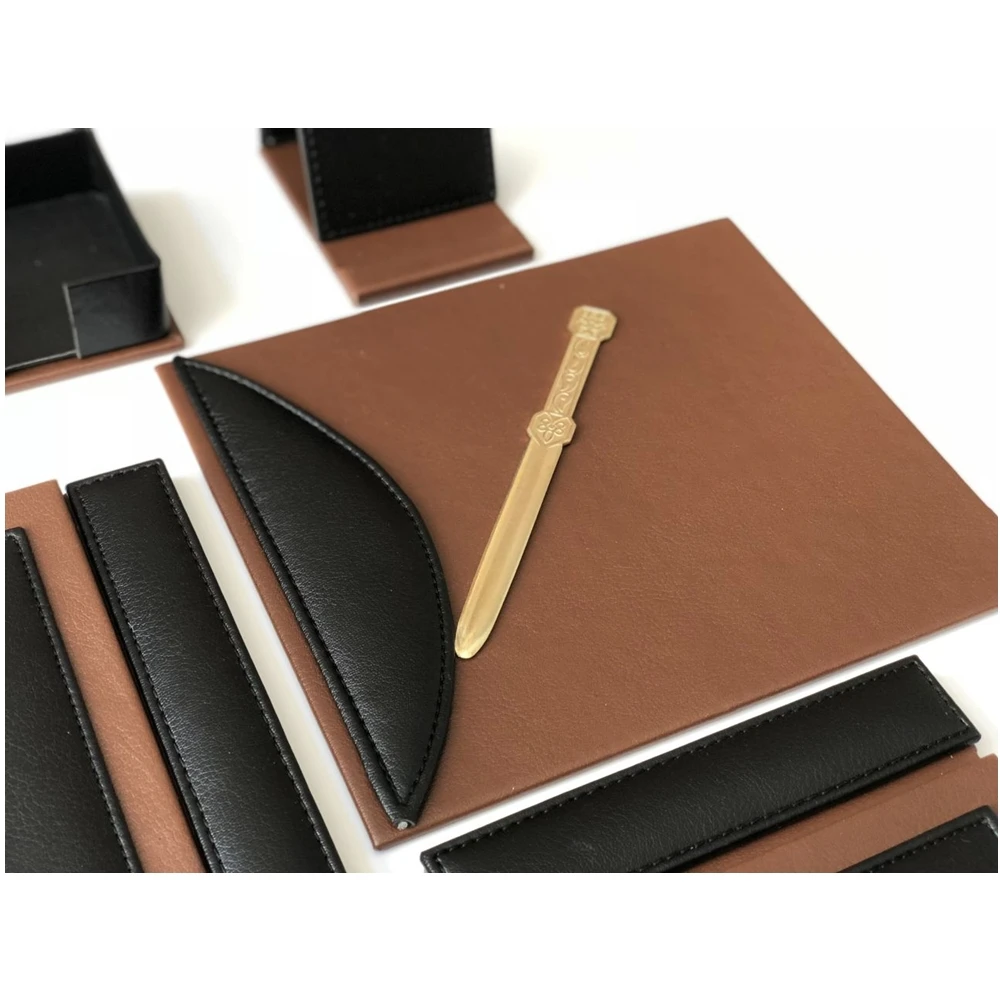 Luxury Black  / Tan Color Business Office Desk Leather Mat Set Organizer Accessories (Office Supplies, Office Desktop Set, )