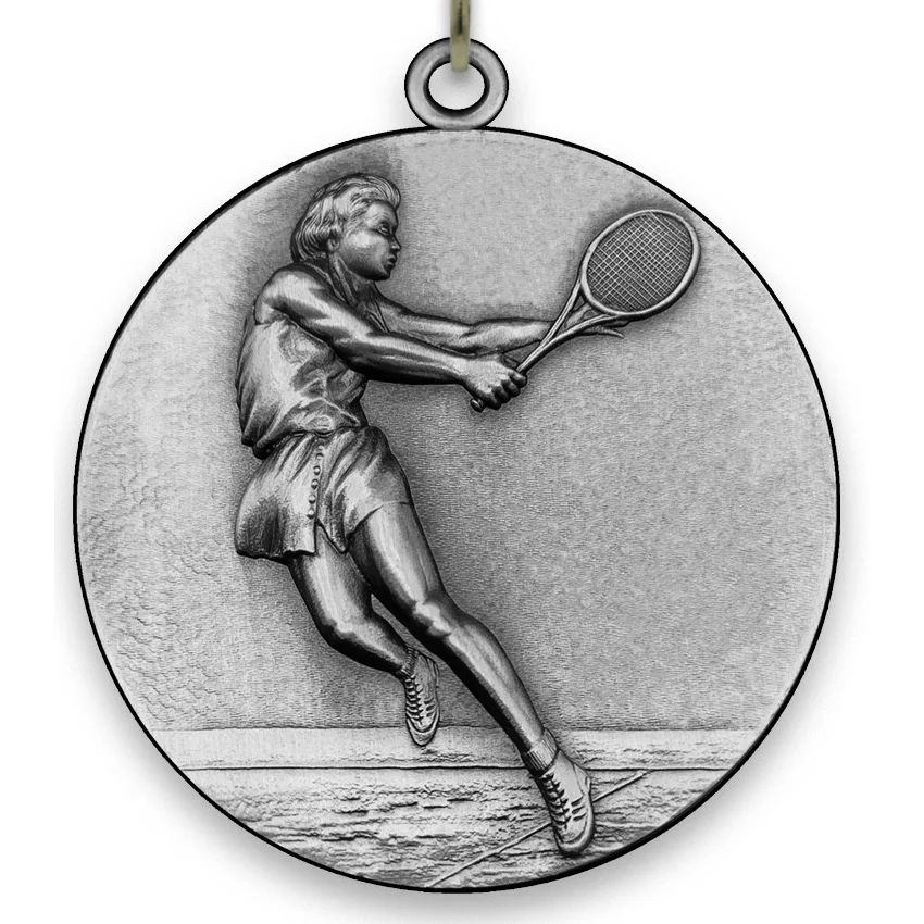 Large Metal - Tenis Female Medal - Silver -6,4 cm - with Neck Ribbon size 2,2cm x 80 cm, Choice of Ribbon Colours.