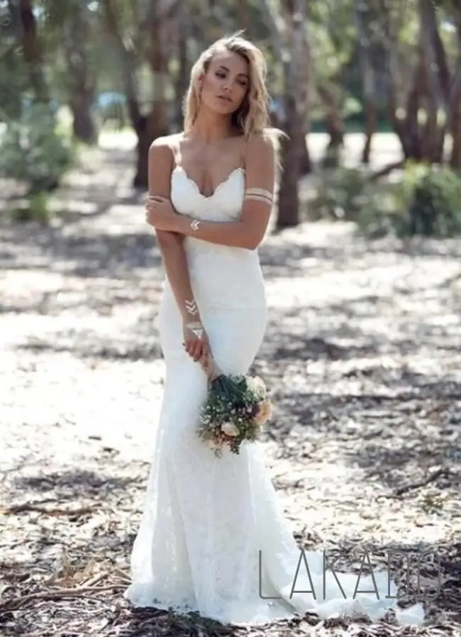 

Custom Made Summer Beach Spaghettis Straps Lace Backless Mermaid Wedding Dress