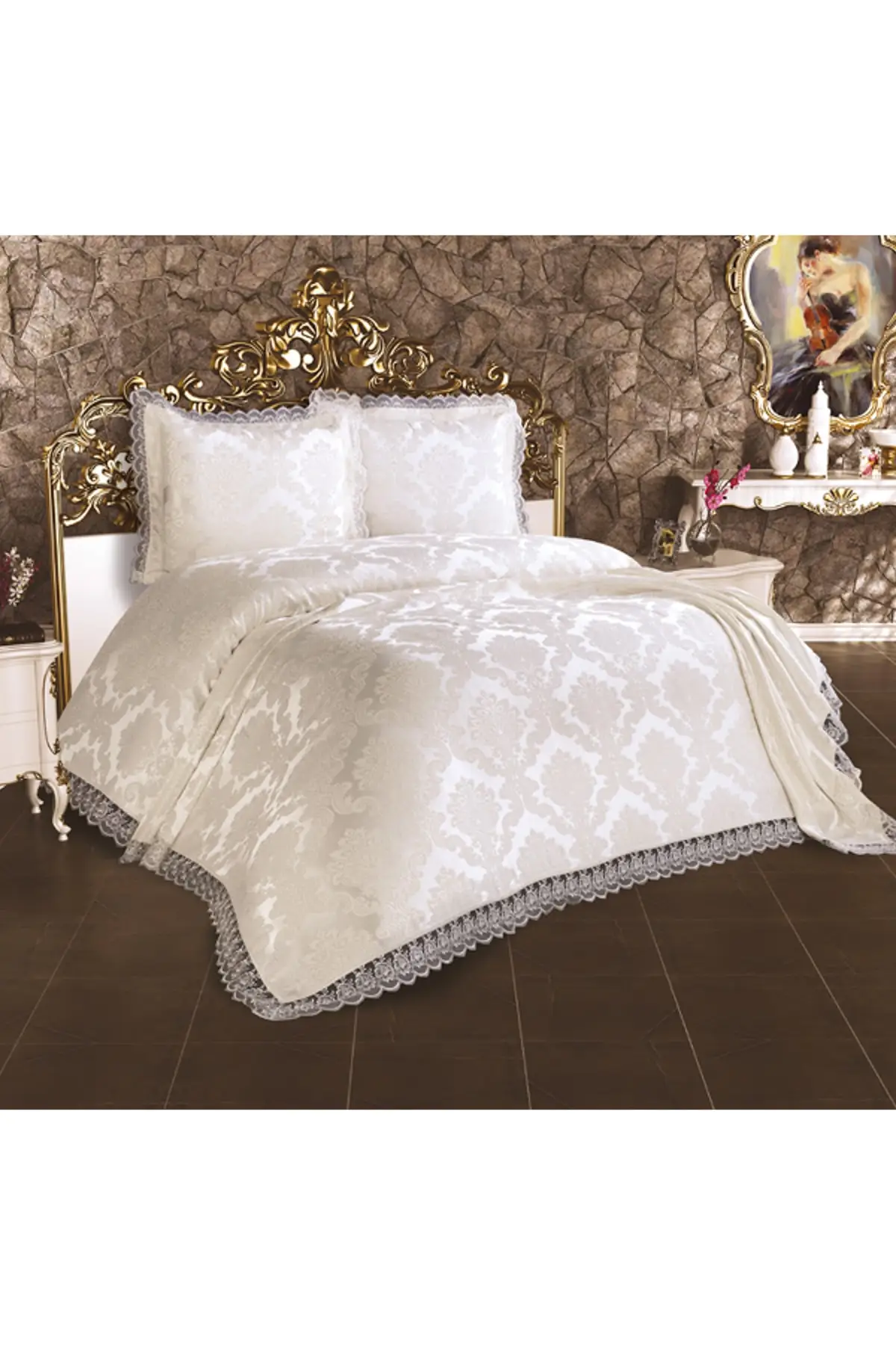 

French Lace Guipure Double Bedspread Set-3PCS-Lacy Pillowcases+Bed Cover- Quality Bed Sheet--Bed Lining-250*240cm-LALEZAR