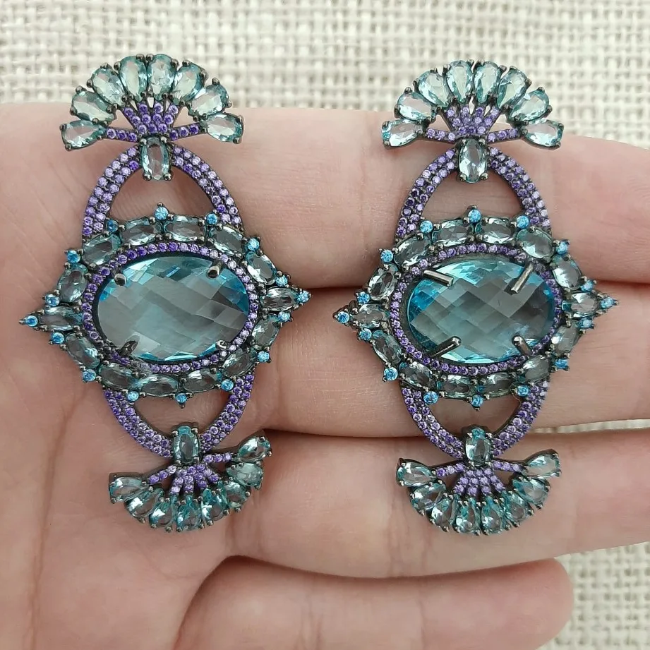 925 Sterling Silver Earrings Blue Statement Long Big Boho Cute Dangle Stud Earrings серьги с камнями 925