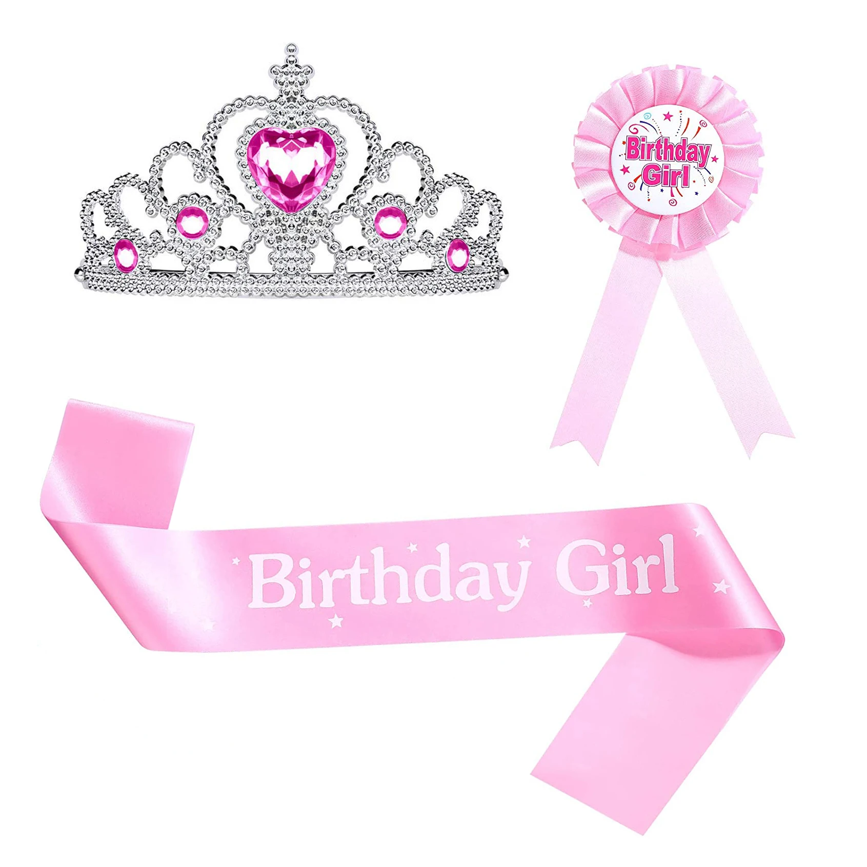 Princess and Prince Birthday Tiara Crown Sash with Button Pins for Kids and Adult Birthday Party Costume