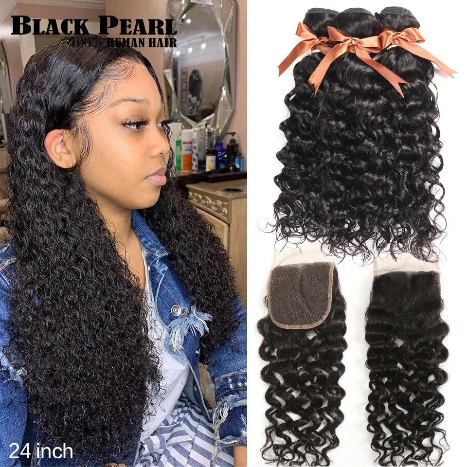 Brazilian Deep Weave Bundles com Fechamento, Remy Cabelo Humano, Water Wave, 3 Bundles